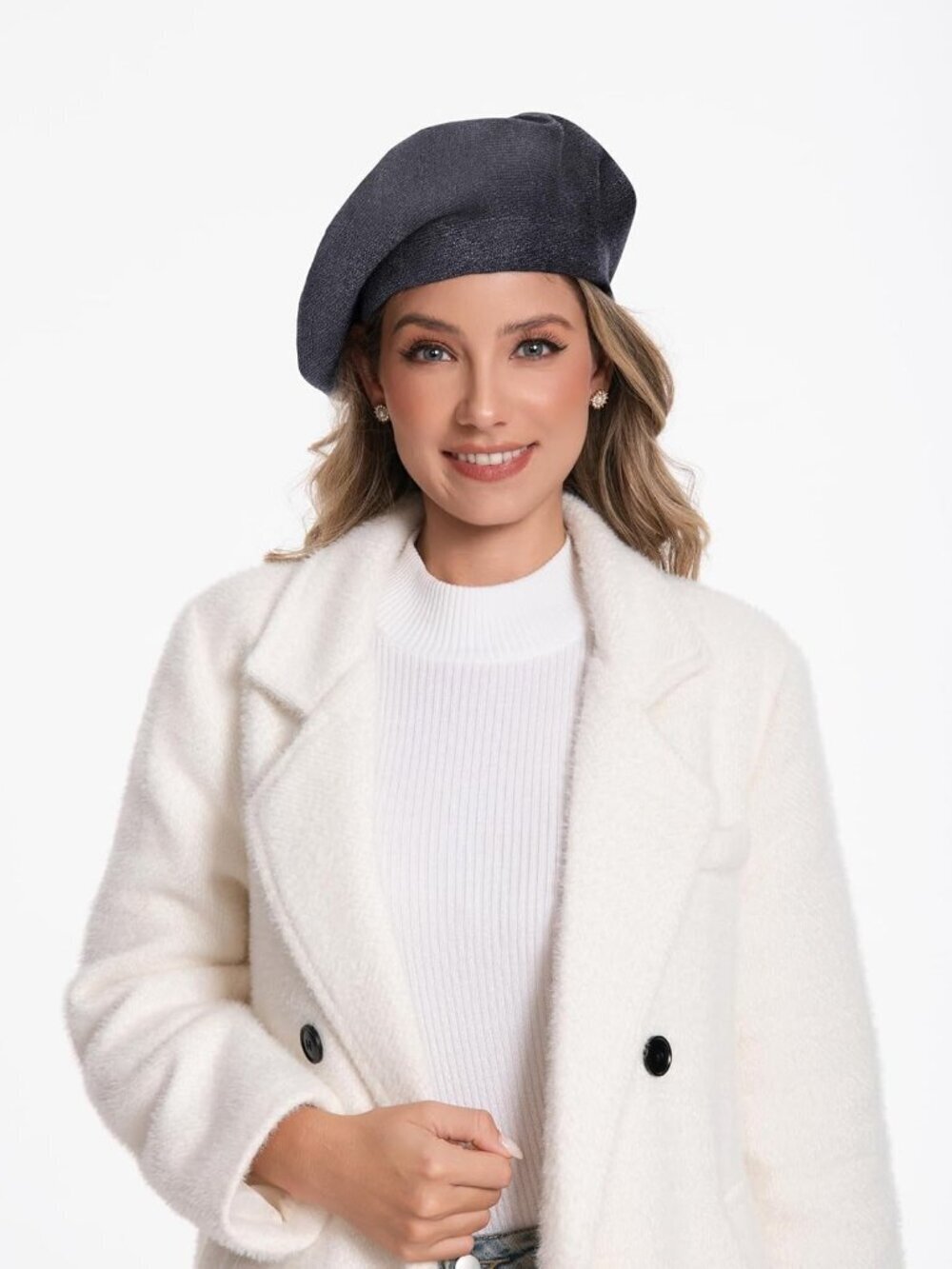 Women's French Style Double Layer Winter Autumn Warm, Soft Beanie Hat Cap Grey